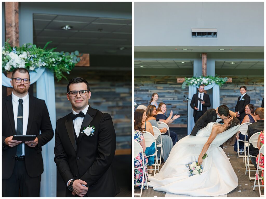 Groom smiling while waiting at the altar inside Morgantown WV wedding venue — Zoe Evans Photography