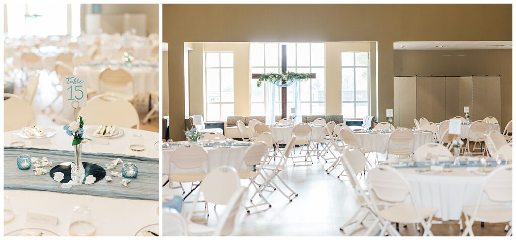 Brightly lit wedding reception space with round tables and large floral chandelier at center, crossing wedding decoration