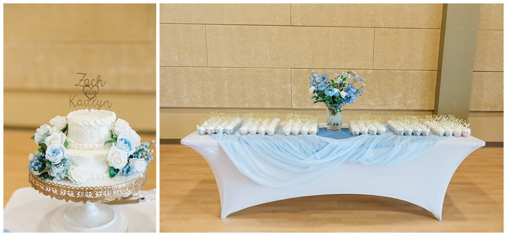 Wedding cookie table with white and blue linen and floral centerpiece display