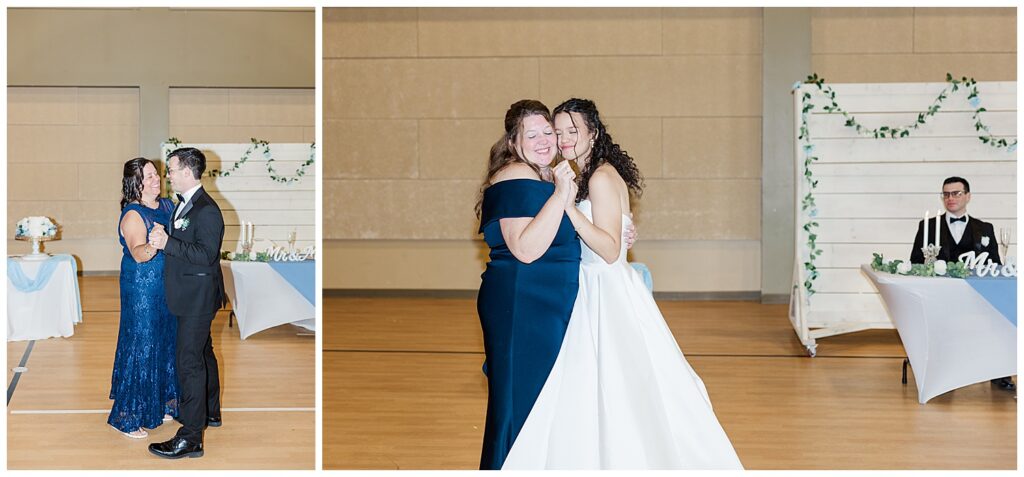 Bride laughing and hugging bridesmaid in a blue dress on the dance floor