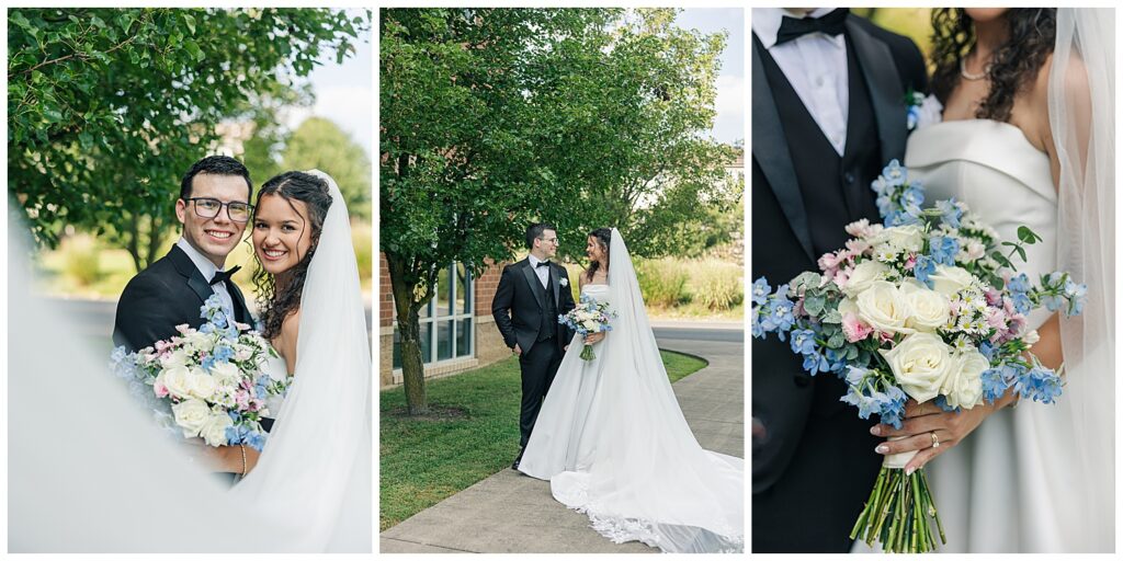 Bride and groom walking hand in hand on a sidewalk, veil flowing behind — Zoe Evans Photography wedding