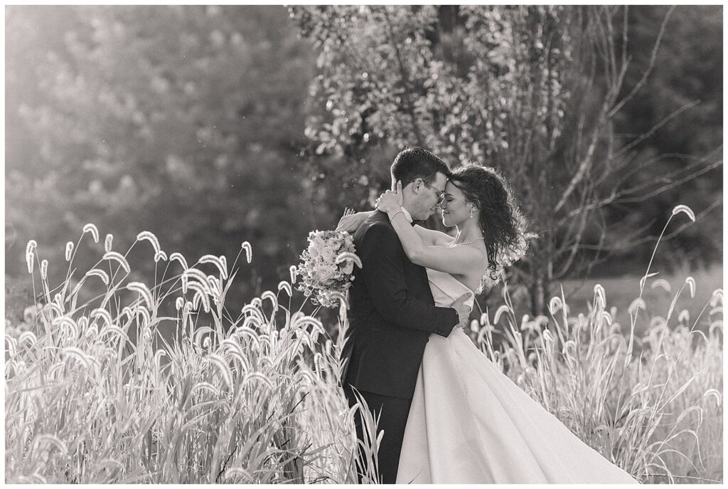 Romantic kiss between bride and groom in a tall grassy field
