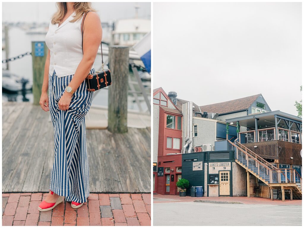 Travel advisor Lauren poses at Bowen’s Wharf Marina in Newport, RI — showcasing her nautical brand aesthetic during a curated branding shoot with Zoe Evans Photography. Detail shot of travel advisor Lauren’s outfit and coastal location during her Newport brand session, styled to reflect her elevated, approachable travel brand. Captured by Zoe Evans Photography.