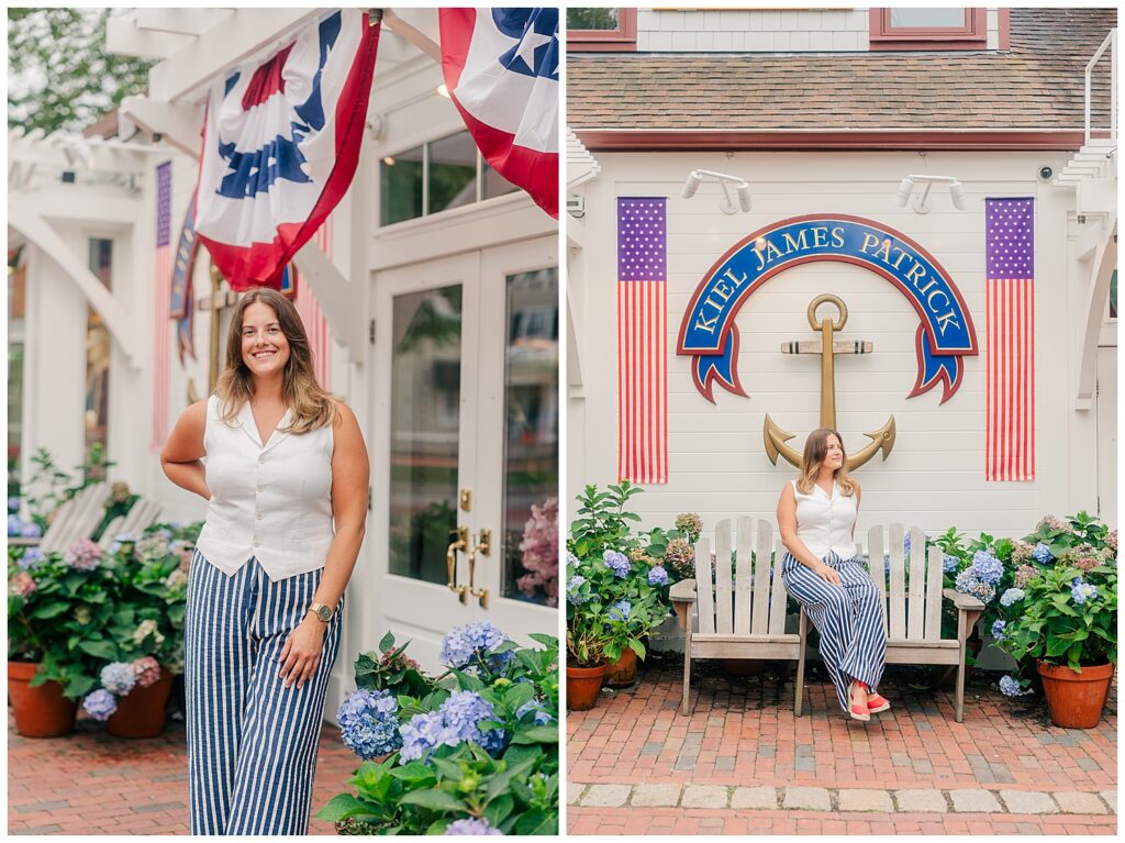 Patriotic-themed storefront photo featuring travel advisor Lauren in a branding shoot styled with classic New England charm. Photo by Zoe Evans Photography.