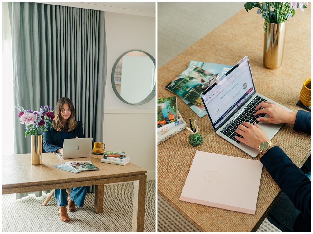 Travel advisor Lauren working at a desk with laptop and client materials, highlighting her brand’s organization and intentional travel strategy. Captured by Zoe Evans Photography.