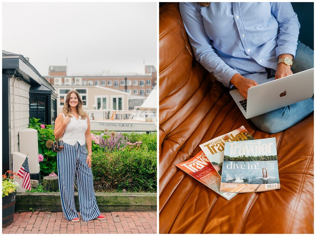 Branding flatlay of open Condé Nast magazines and laptop on leather chair, capturing Lauren’s modern travel advisor aesthetic. Taken by Zoe Evans Photography. Detailed flatlay of travel magazines, sunglasses, and passport showcasing Lauren’s luxury travel planning brand. Shot by Zoe Evans Photography.
