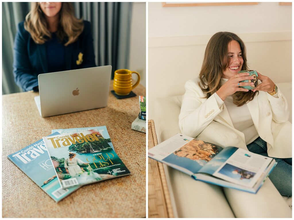 Travel advisor Lauren enjoying a cozy moment during her brand shoot, styled to reflect balance, strategy, and creativity. Captured by Zoe Evans Photography. Outdoor brand photo of Lauren on a Newport rooftop terrace, styled to reflect her approachable, upscale travel advisory brand. Photo by Zoe Evans Photography.