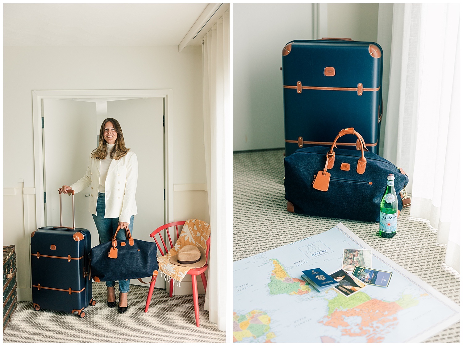 Branding photo of travel advisor Lauren with packed luggage and global maps, illustrating her client-ready travel planning process. Captured by Zoe Evans Photography. Flatlay brand image featuring laptop, travel magazines, and passport to reflect Lauren’s expertise in luxury travel planning. Shot by Zoe Evans Photography.