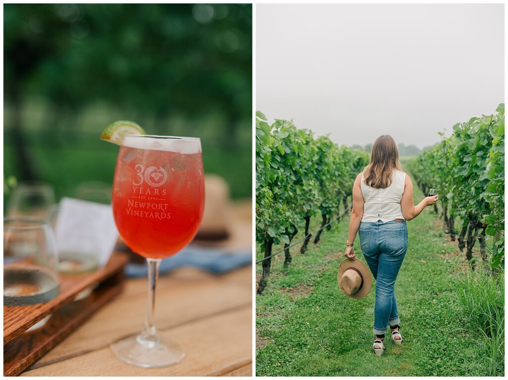 Branded drink photo from travel advisor Lauren’s vineyard picnic setup, styled to showcase elevated client experiences. Captured by Zoe Evans Photography. Travel planner Lauren walking through a lush vineyard in Newport, RI, highlighting freedom, adventure, and intentional travel planning. Photo by Zoe Evans Photography.