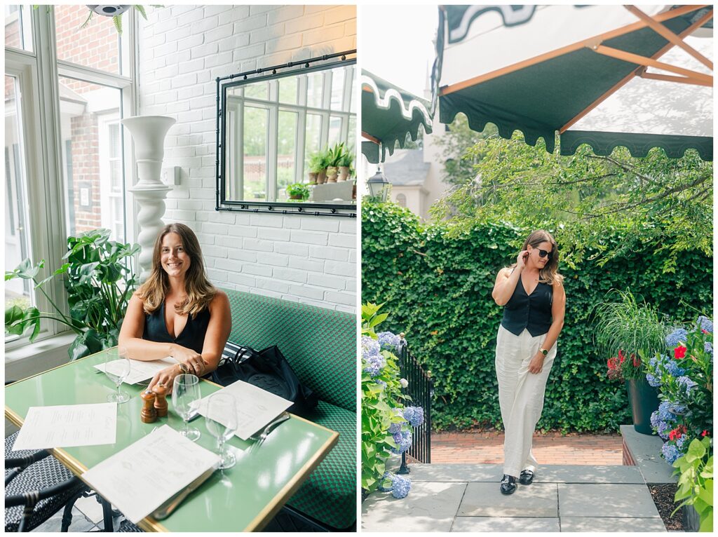 Lifestyle brand photo of travel planner Lauren enjoying a working lunch at The Vanderbilt in Newport, RI, reflecting her travel concierge offerings. Captured by Zoe Evans Photography. Personal brand photo of travel advisor Lauren taking a client call during her branding session, captured in a lush garden setting by Zoe Evans Photography.