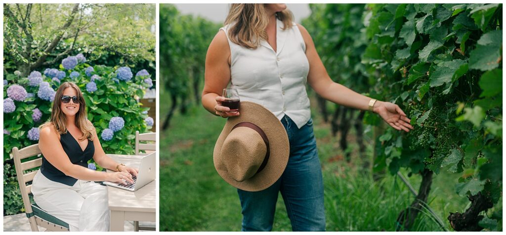 Lifestyle brand image of a travel planner walking through lush vineyard rows, captured by Zoe Evans Photography during a custom brand shoot in Newport, RI. Casual, lifestyle brand shot of travel advisor Lauren holding a sunhat in a vineyard, photographed by Zoe Evans Photography to reflect her approachable brand style.