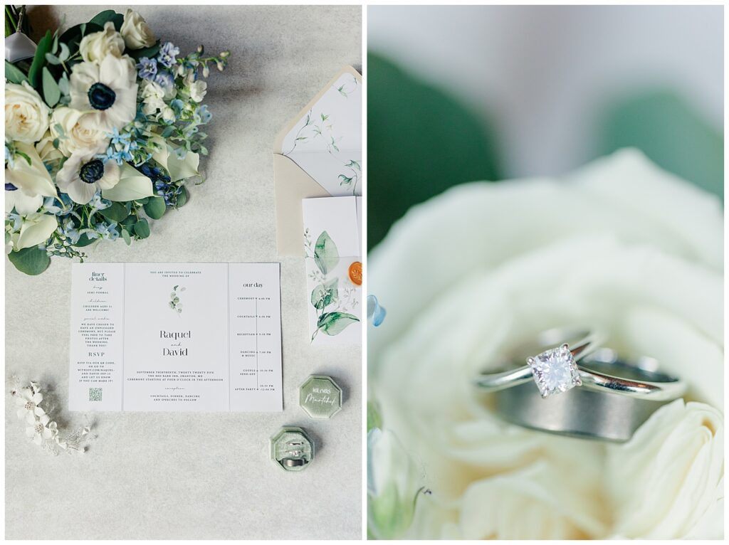 Close-up of diamond engagement ring and greenery floral bouquet from Raquel and David’s romantic Red Barn Inn wedding | photo by Zoe Evans Photography