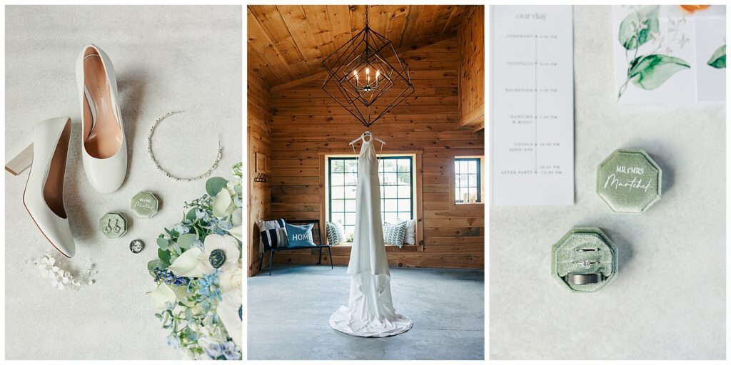 Elegant lace wedding dress hanging in the rustic wood-paneled bridal suite at Red Barn Inn, Deep Creek MD | captured by Zoe Evans Photography