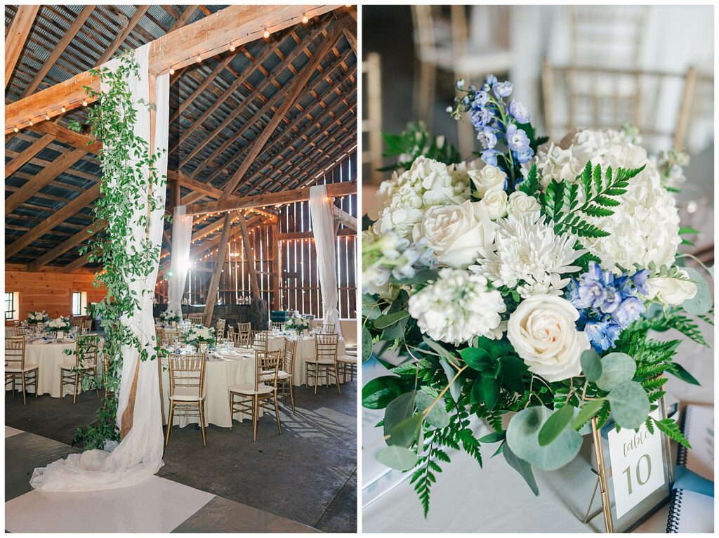 White and green floral centerpieces and romantic lighting decor