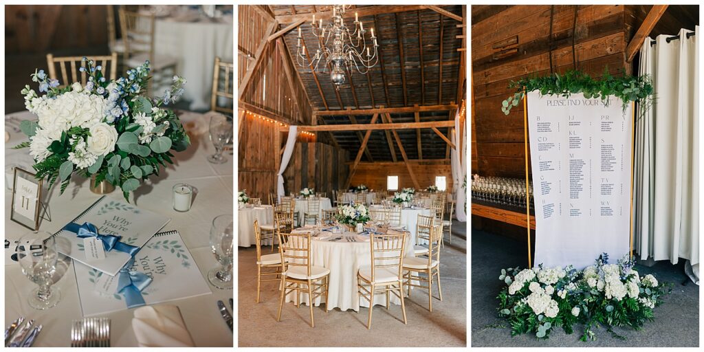 Barn wedding reception setup featuring wooden beams, gold chiavari chairs, and elegant white florals at Red Barn Inn in Deep Creek