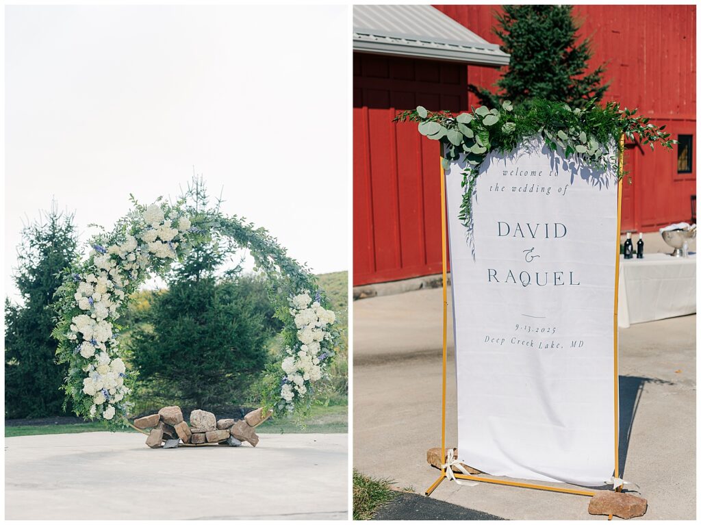 Circular floral ceremony arch and minimalist welcome sign at Red Barn Inn outdoor wedding | romantic rustic wedding details by Zoe Evans Photography