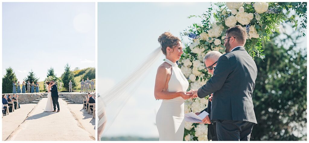 Bride placing wedding ring on groom’s hand during emotional outdoor ceremony at rustic Red Barn Inn venue | Bride in sleek gown walks past Red Barn Inn’s iconic red barn after wedding ceremony in Deep Creek, Maryland