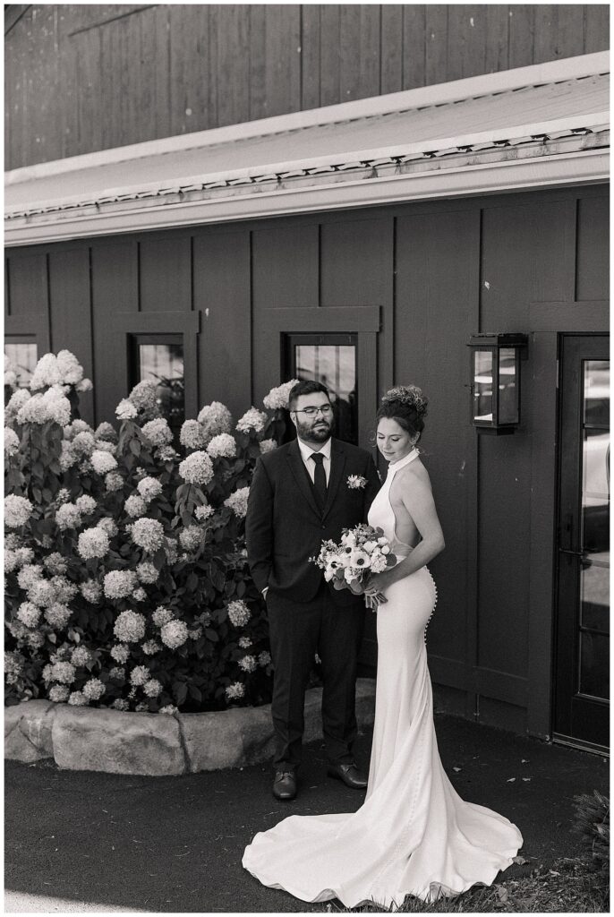 Classic portrait of bride and groom standing beside blooming hydrangeas and a dark exterior wall at Red Barn Inn