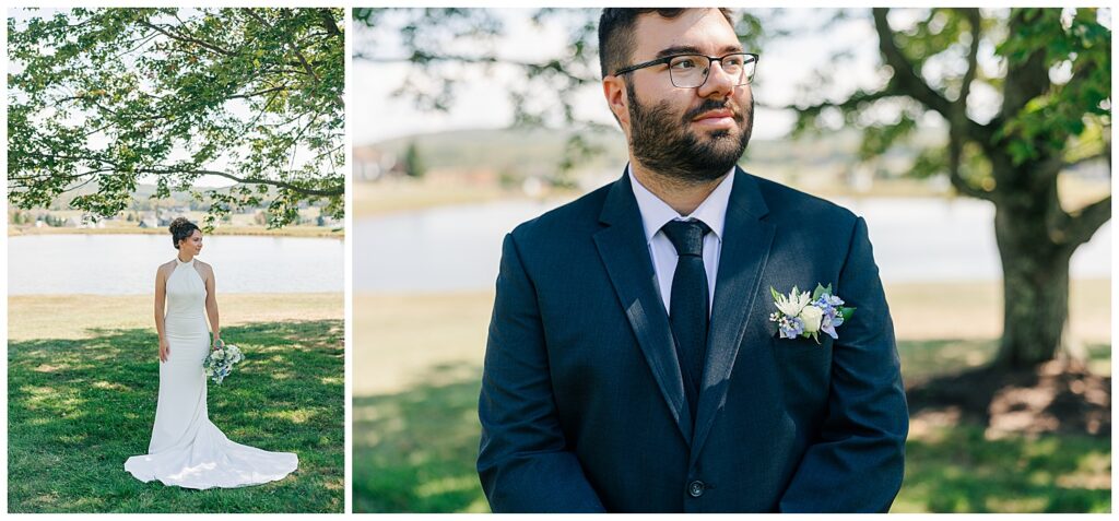 Groom in navy suit standing with hands clasped during outdoor portrait session near the lake at Red Barn Inn
