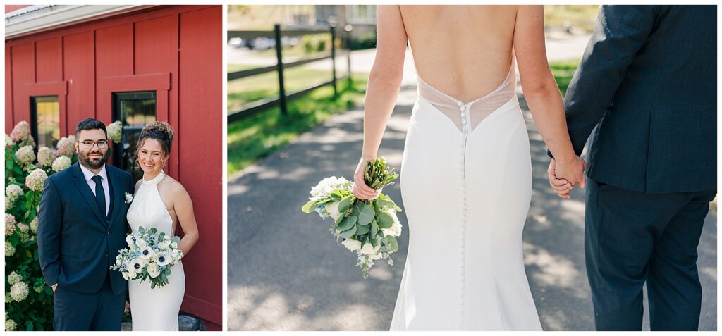 Close-up of bride’s back in modern gown holding bouquet while walking toward waterfront portrait session