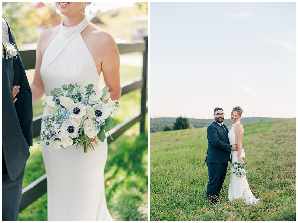 Close-up of bride’s halter gown and white floral bouquet with anemones and soft greenery, Bride and groom stand together in a rolling meadow with soft hills and blue skies in the background