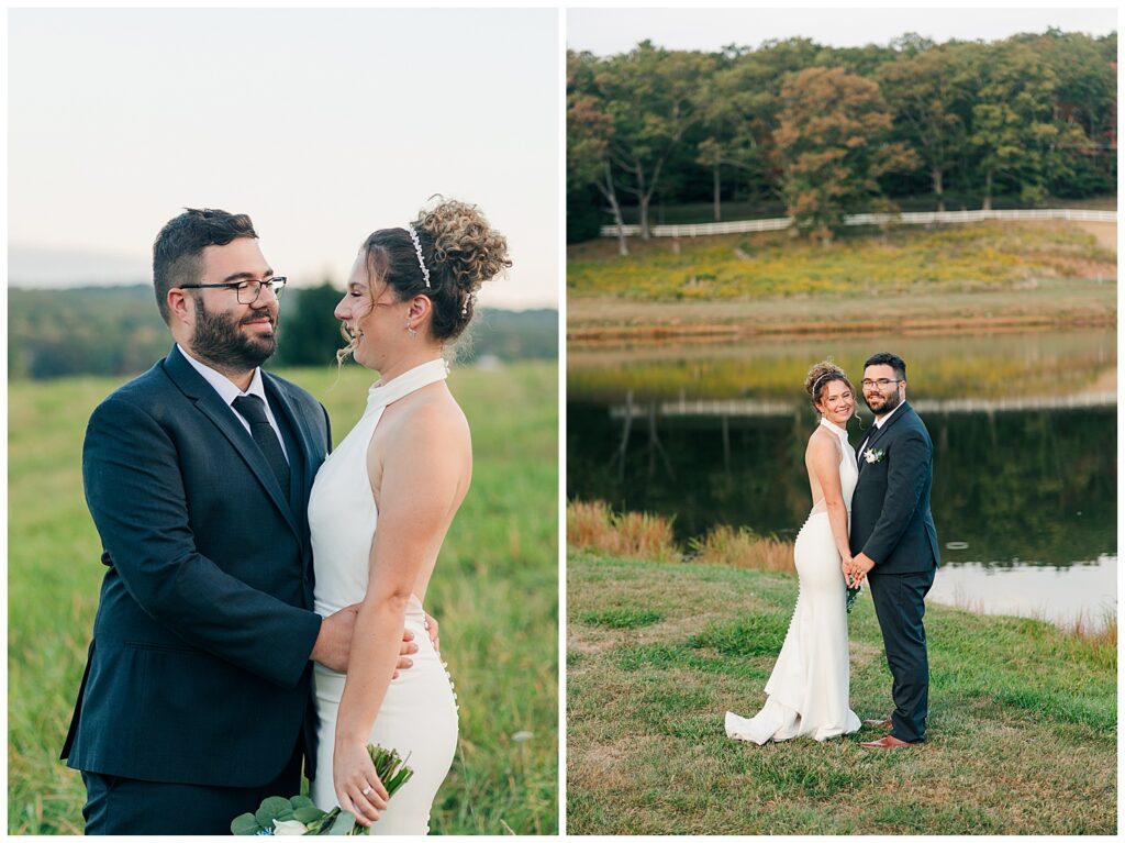 Bride and groom pose by a peaceful pond surrounded by rolling hills and fall foliage during sunset portraits