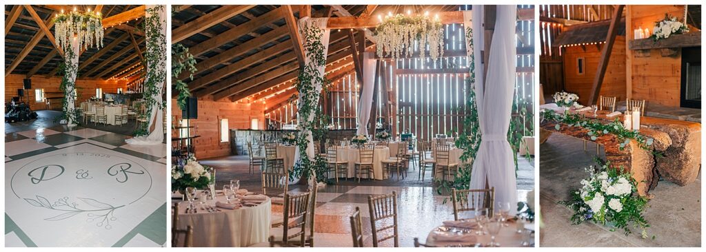 Wide-angle view of wedding reception inside a wooden barn, featuring round tables, gold chairs, and elegant floral decor