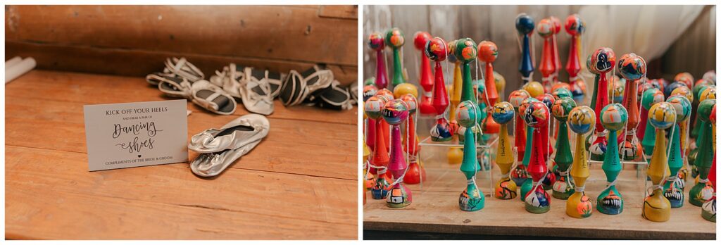 Close-up of colorful noisemakers and glow sticks laid out for wedding guests during reception festivities – Zoe Evans Wedding Photography