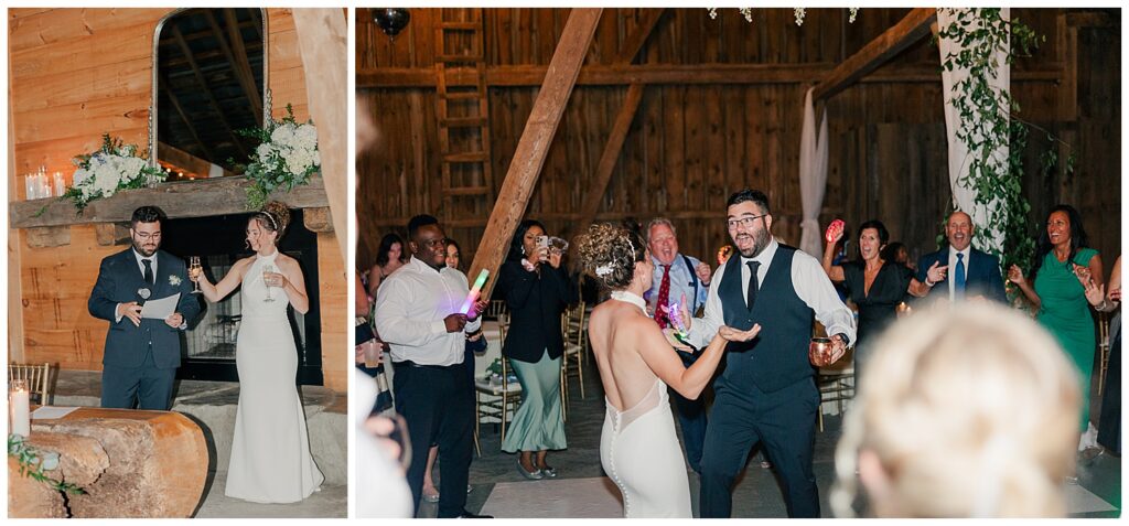 Wedding guests dancing with glow sticks while the bride and groom join in the fun during the reception – Zoe Evans Wedding Photography