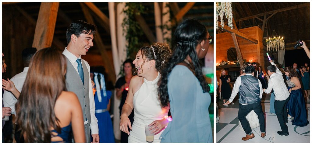 Bride laughing and dancing with guests on a vibrant dance floor at Red Barn Inn – Zoe Evans Wedding Photography