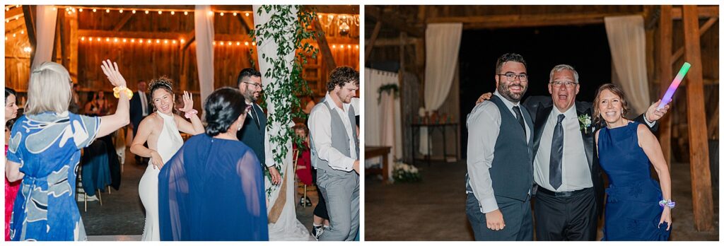 Candid shots of wedding guests enjoying the dance floor beneath greenery-covered pillars – Zoe Evans Wedding Photography