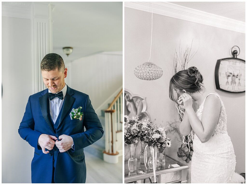 Groom buttons his navy blue suit while standing on a staircase, and bride wipes away tears while reading a heartfelt letter beside her bouquet.