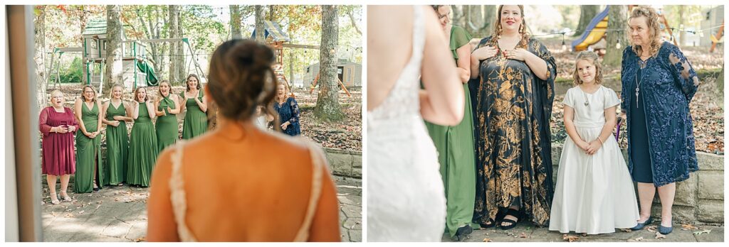 Bride shares an emotional first look with her bridesmaids outdoors, with her elegant low-back gown in full view and bridesmaids smiling in the background.