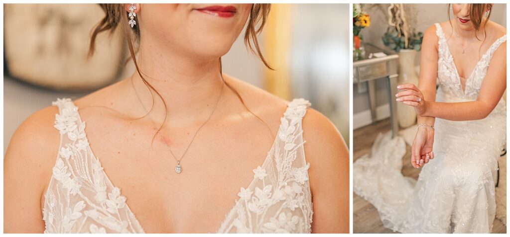 Close-up of bride’s neckline and delicate necklace with lace wedding gown details.
