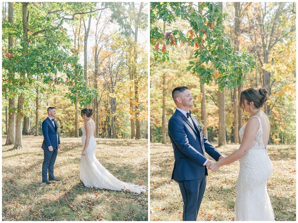 Bride and groom sharing a quiet moment in a forest clearing with golden leaves in the background.
