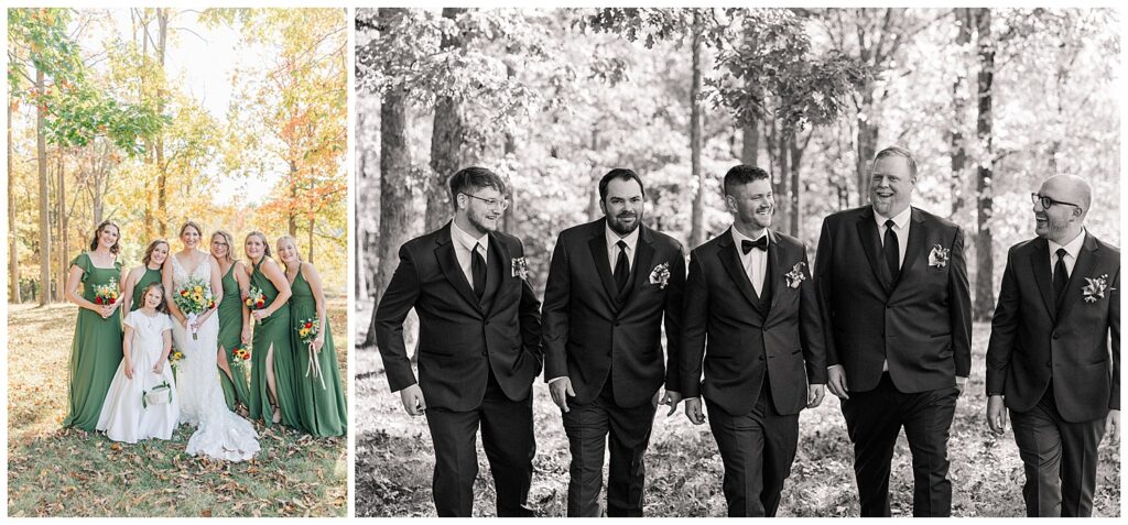 Groomsmen walking together in the woods in black tuxedos during fall wedding