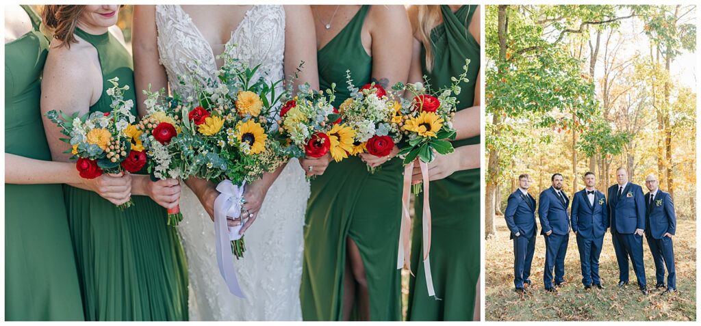 Bride and bridesmaids in green dresses holding bright, colorful fall bouquets