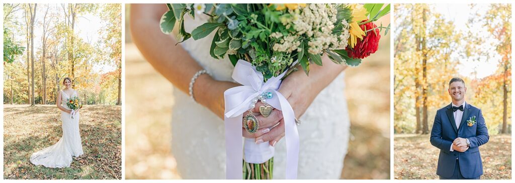 Bride holding a bouquet wrapped with a white ribbon at Athena Estate & Vineyard wedding