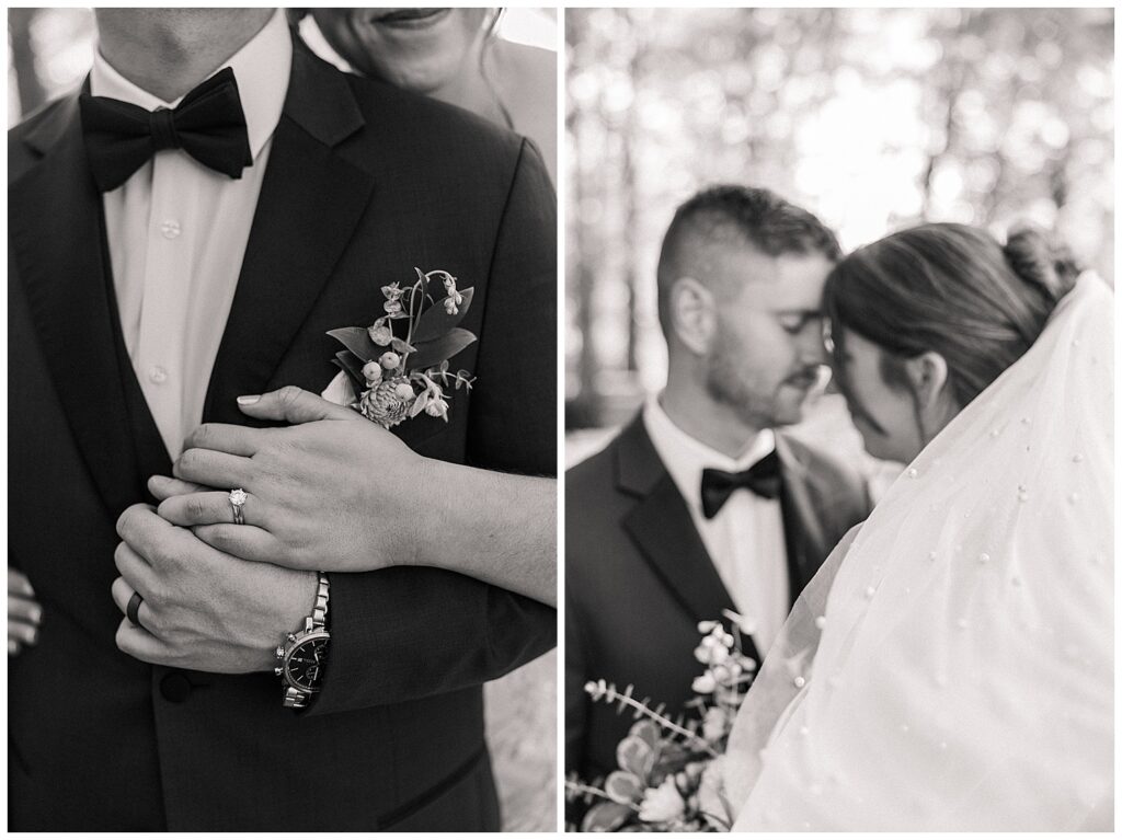 Bride and groom smiling softly, surrounded by tall trees and golden leaves during their fall wedding portraits.