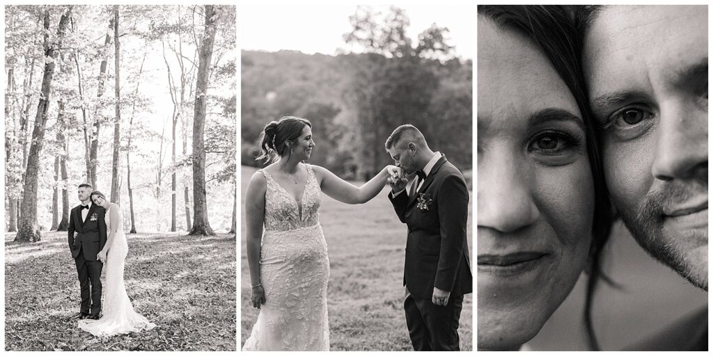 Bride gently holding groom’s face as he kisses her hand, with a close-up of her smile in the background—emotional and romantic.