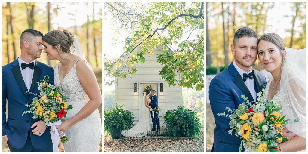 Bride and groom sharing a romantic kiss in front of a charming white cottage framed by green trees at Athena Estate & Vineyard.