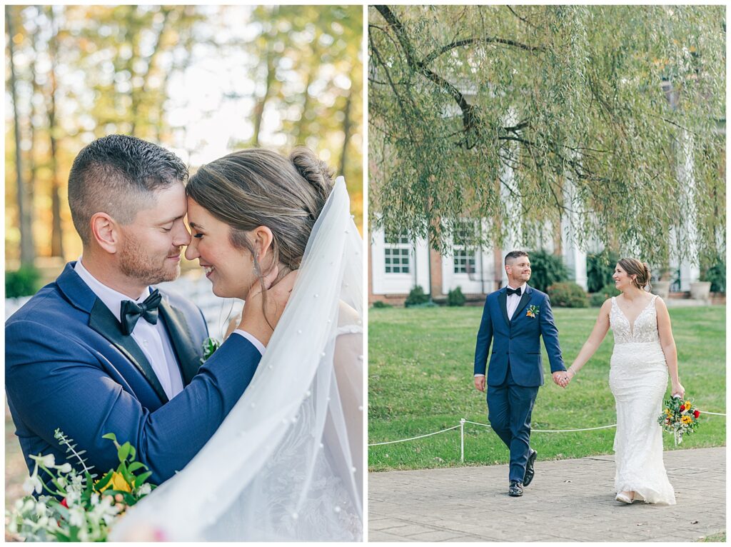 Close-up of the bride and groom embracing with the bride’s veil softly framing their faces, capturing a romantic moment.
