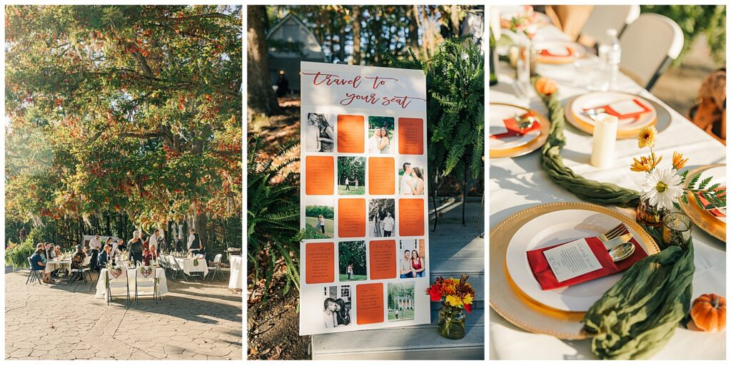 Reception seating chart board with family photos labeled “Those we love don’t go away,” honoring loved ones during the reception.