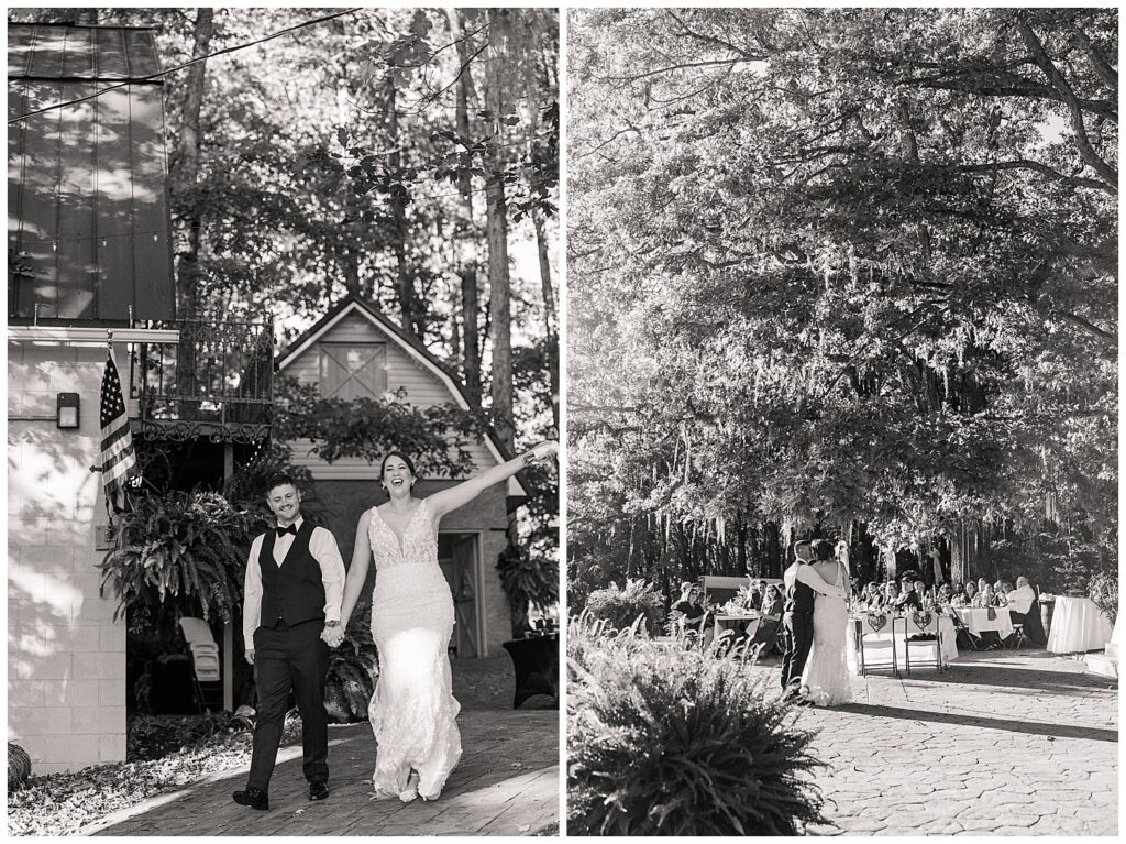 Black and white image of the newlyweds walking hand-in-hand down a tree-lined path, smiling and celebrating post-ceremony.