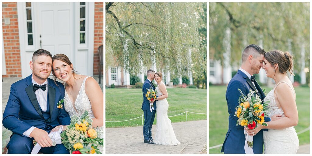 The couple shares a kiss under a willow tree near the elegant red brick estate building, surrounded by soft autumn light.
