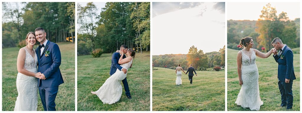 Newlyweds walk hand-in-hand across a rolling green field with vibrant fall foliage in the background at Athena Estate.