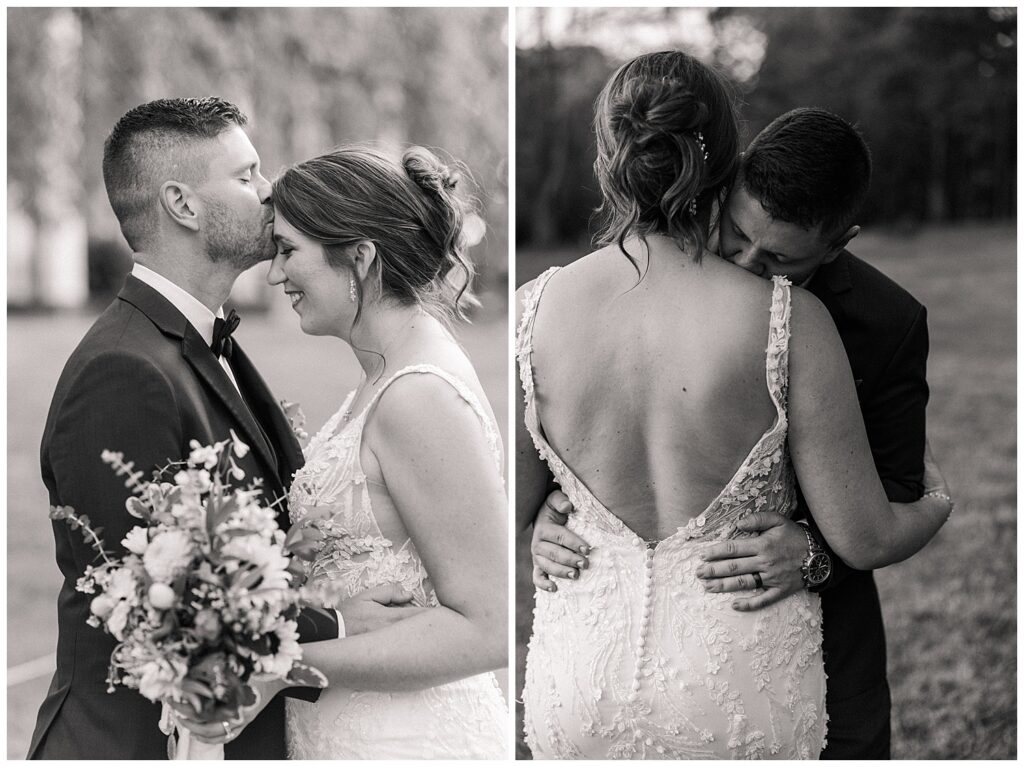 Black and white close-up of groom gently kissing bride’s temple as she smiles, holding her bouquet at Athena Estate & Vineyard.