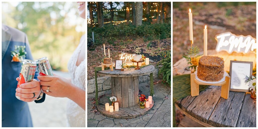A wooden spool table is decorated with candles, flowers, and warm-toned fall decor creating a romantic vignette.