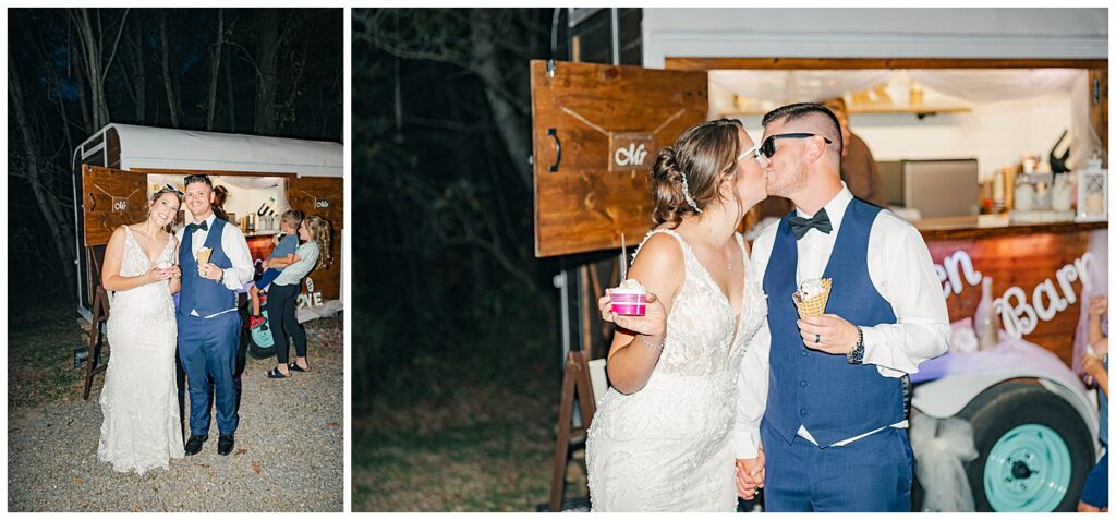 Bride in her gown and groom in vest joyfully enjoy ice cream outside a wooden food truck during the reception.