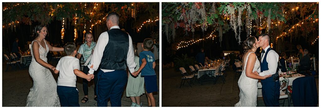 Twinkling string lights hang above outdoor reception tables as guests enjoy dinner in a warm, festive ambiance.